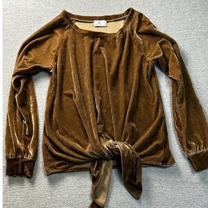 Brown‎ Velvet Top Womens Small Tie Front Long Sleeve Soft Blouse Trendy